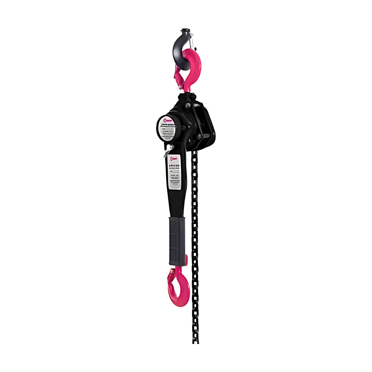 Challenger lever block with black body, pink hooks and black load chain, hanging vertically