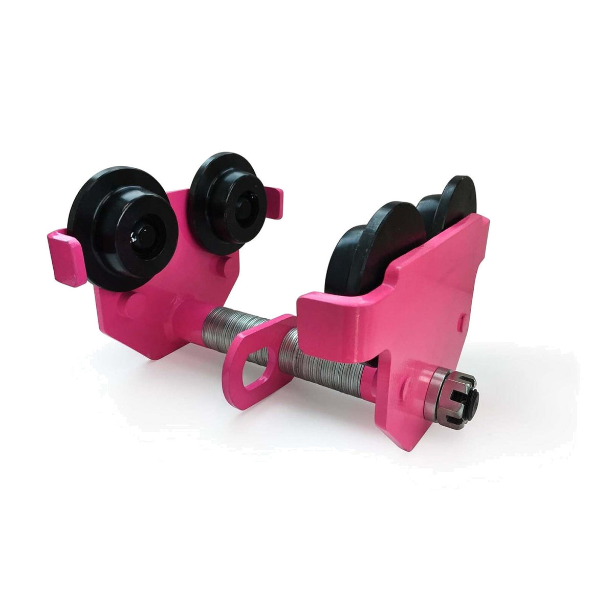 Pink Challenger push beam trolley with four black wheels and a threaded adjusting bar