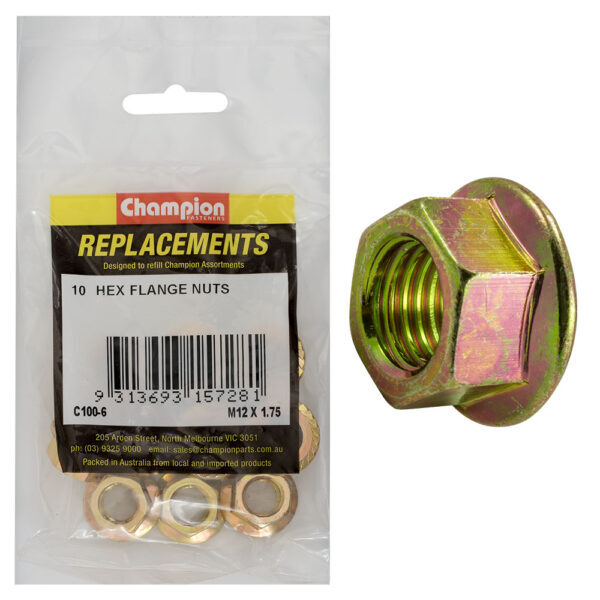 Champion C100-6 Hex Flange Nut M12 x 1.75mm - 10/Pack