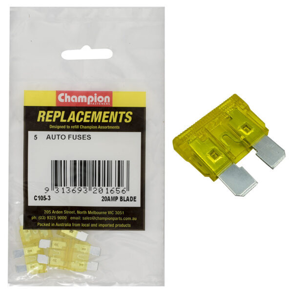 Champion C105-3 Blade Fuse AF 20 Amp Yellow - 5/Pack
