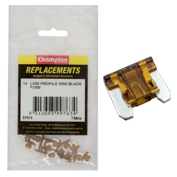 Champion C111-3 Low Profile Mini Fuse 7.5 Amp (Blade Micro Fuse) - 15/Pack