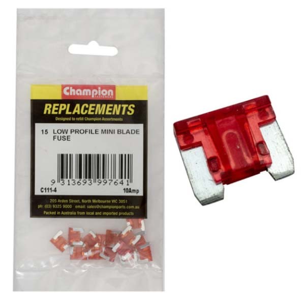 Champion C111-4 Low Profile Mini Fuse 10 Amp (Blade Micro Fuse) - 15/Pack
