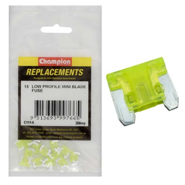Champion C111-6 Low Profile Mini Fuse 20 Amp (Blade Micro Fuse) - 15/Pack