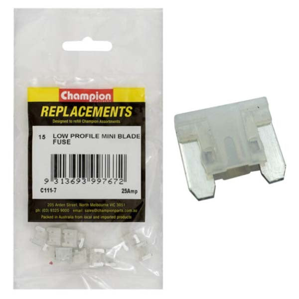 Champion C111-7 Low Profile Mini Fuse 25 Amp (Blade Micro Fuse) - 15/Pack