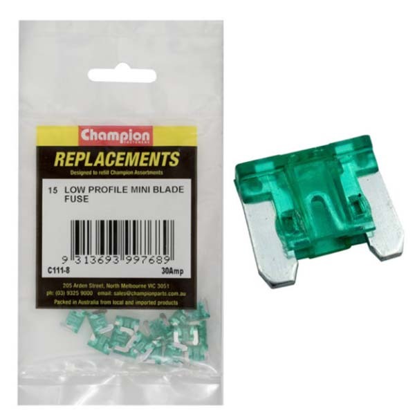 Champion C111-8 Low Profile Mini Fuse 30 Amp (Blade Micro Fuse) - 15/Pack