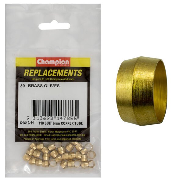 Champion C1412-11 Brass Olive 110 Suit 6mm Copper Tube - 30/Pack - AIMS Industrial Supplies