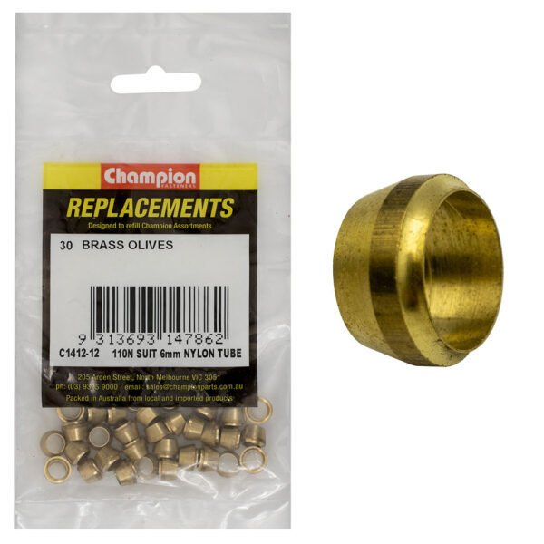Champion C1412-12 Brass Olive 110N Suit 6mm Nylon Tube - 30/Pack - AIMS Industrial Supplies