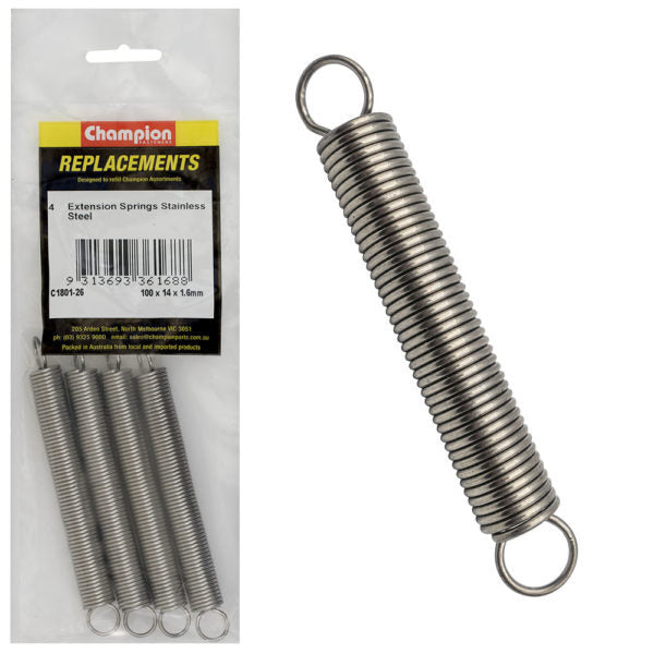 Champion C1801-26 Extension Spring 100 x 14 x 1.6mm - 316/A4/A4 - 4/Pack