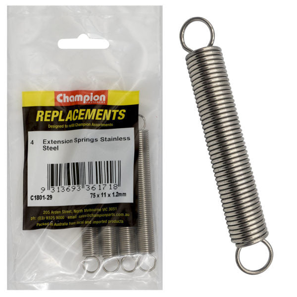 Champion C1801-29 Extension Spring 75 x 11 x 1.2mm - 316/A4/A4 - 4/Pack