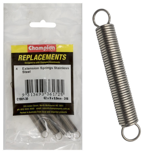 Champion C1801-30 Extension Spring 62 x 9 x 0.9mm - 316/A4/A4 - 4/Pack