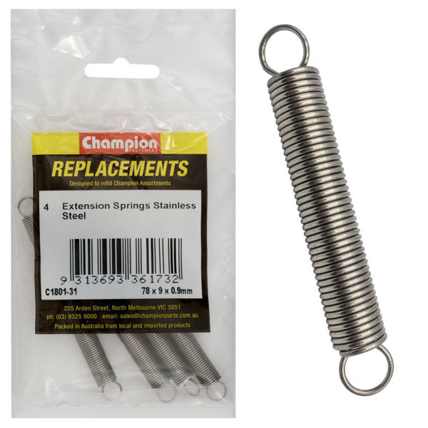 Champion C1801-31 Extension Spring 78 x 9 x 0.9mm - 316/A4/A4 - 4/Pack