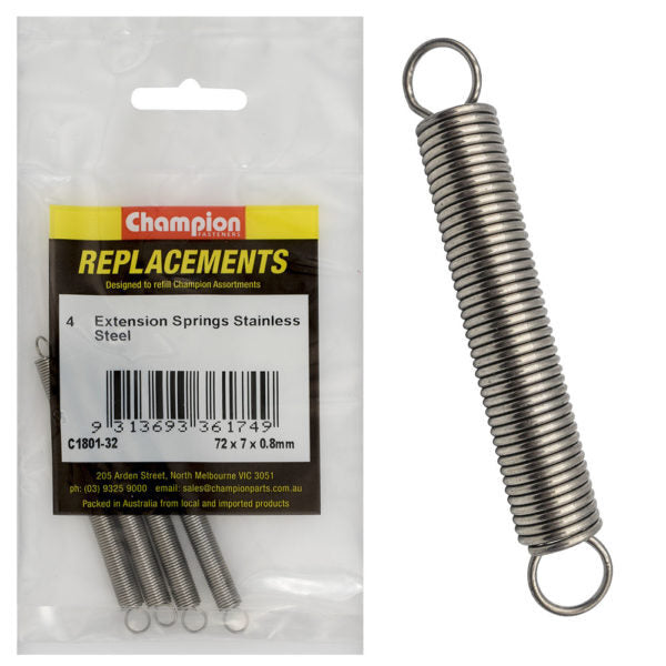 Champion C1801-32 Extension Spring 72 x 7 x 0.8mm - 316/A4/A4 - 4/Pack