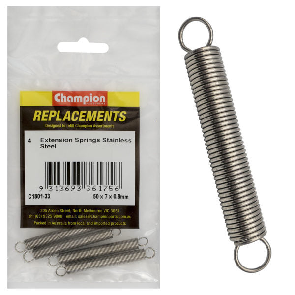 Champion C1801-33 Extension Spring 50 x 7 x 0.8mm - 316/A4/A4 - 4/Pack