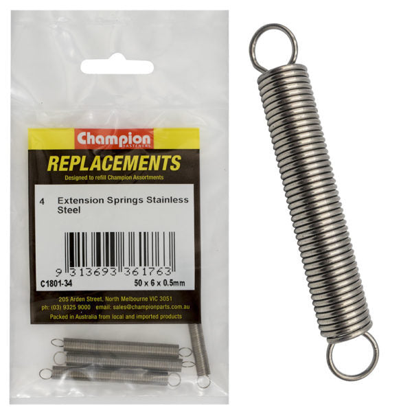 Champion C1801-34 Extension Spring 50 x 6 x 0.5mm - 316/A4/A4 - 4/Pack
