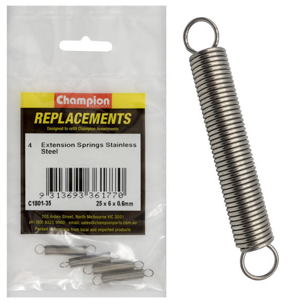 Champion C1801-35 Extension Spring 25 x 6 x 0.6mm - 316/A4/A4 - 4/Pack