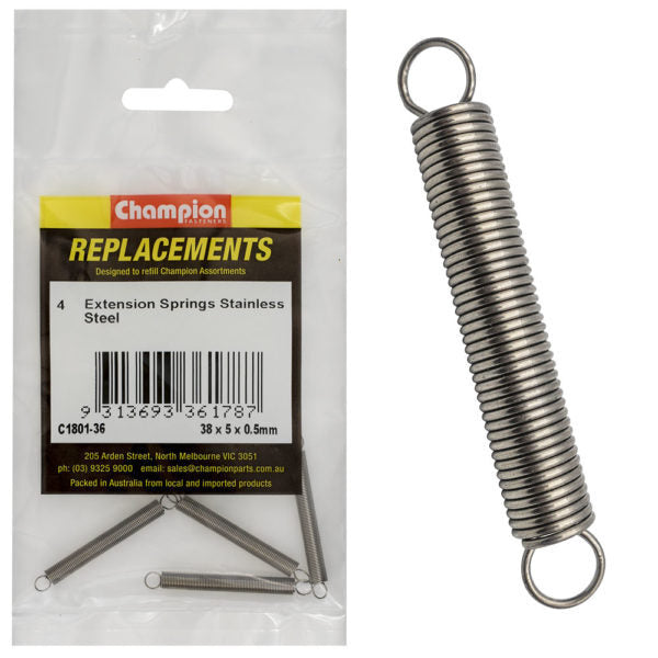Champion C1801-36 Extension Spring 38 x 5 x 0.5mm - 316/A4/A4 - 4/Pack