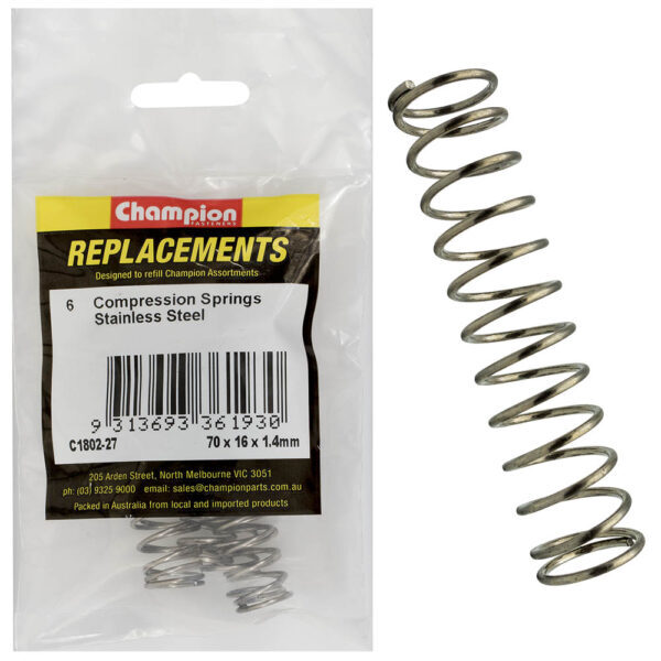 Champion C1802-27 Compression Spring 70 x 16 x 1.4mm - 316/A4 - 6/Pack