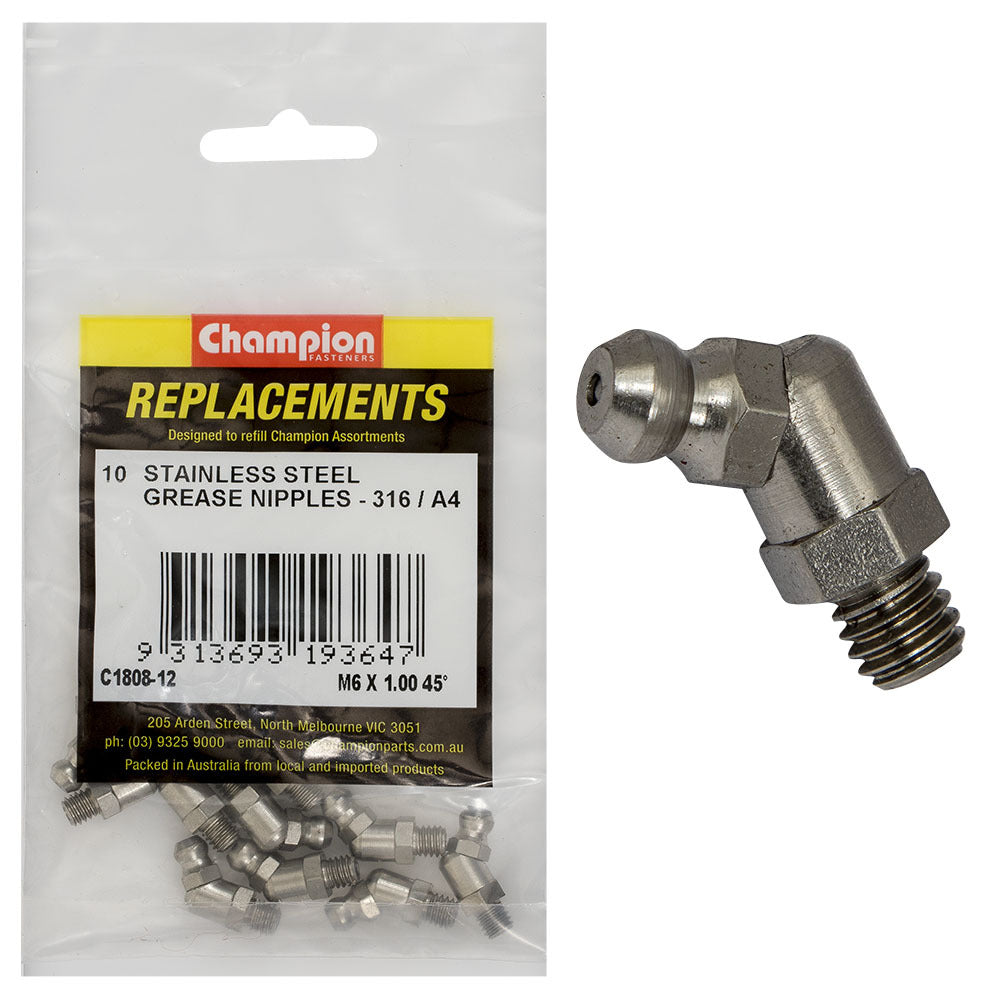 Champion C1808-12 Grease Nipple M6 x 1.00mm 45° Stainless -  10/Pack1