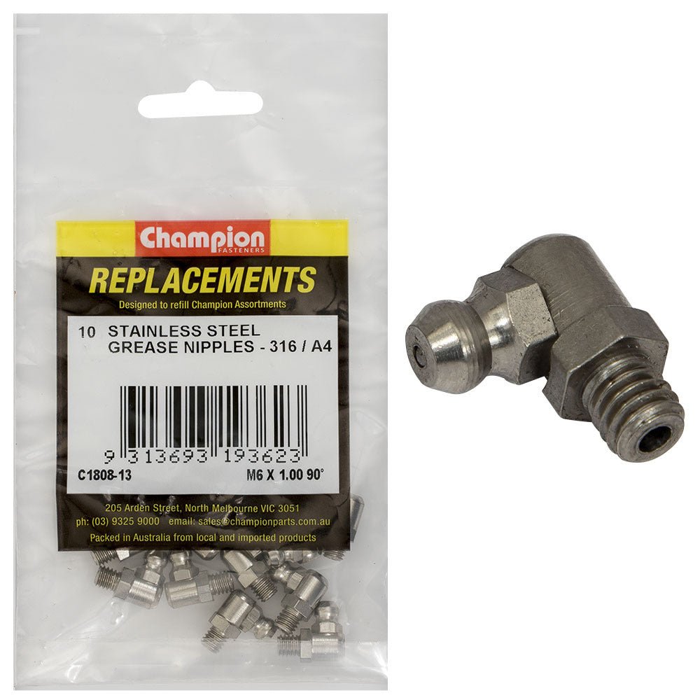 Champion C1808-13 Grease Nipple M6 x 1.00mm 90° Stainless - 10/Pack - AIMS Industrial Supplies