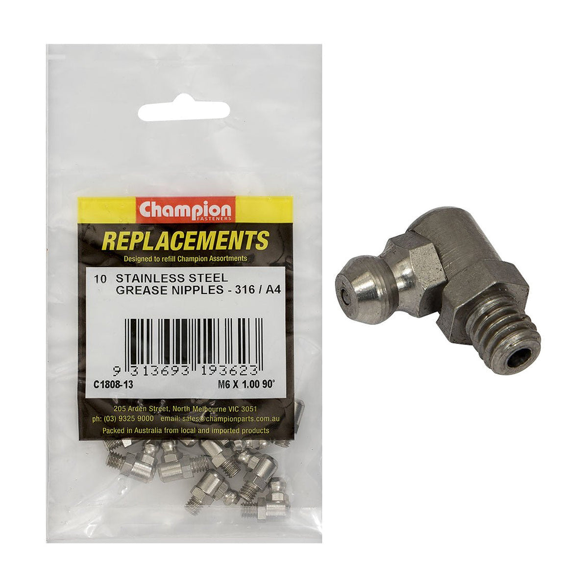 Champion C1808-13 Grease Nipple M6 x 1.00mm 90° Stainless - 10/Pack