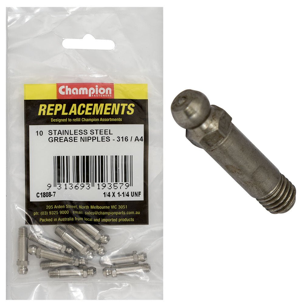 Champion C1808-7 Grease Nipple 1/4 x 1-1/4" UNF Stainless - 10/Pack - AIMS Industrial Supplies