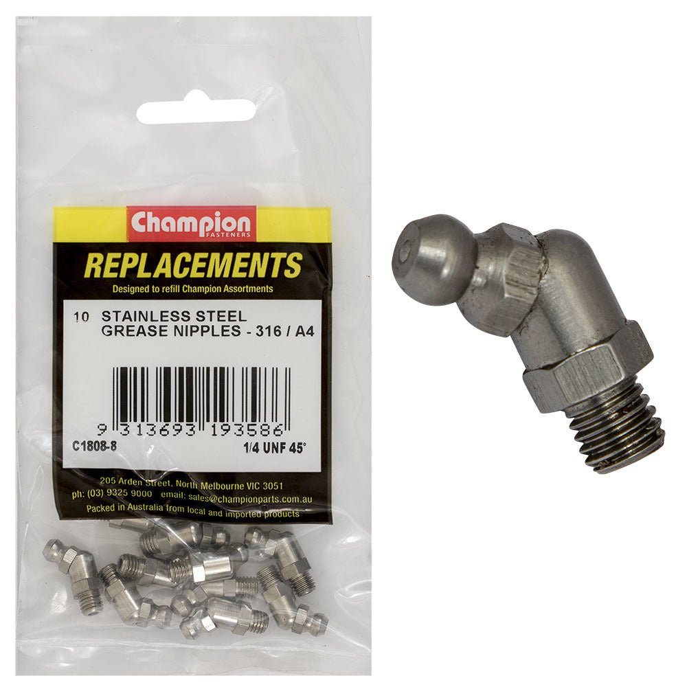 Champion C1808-8 Grease Nipple 1/4" UNF 45° Stainless - 10/Pack - AIMS Industrial Supplies