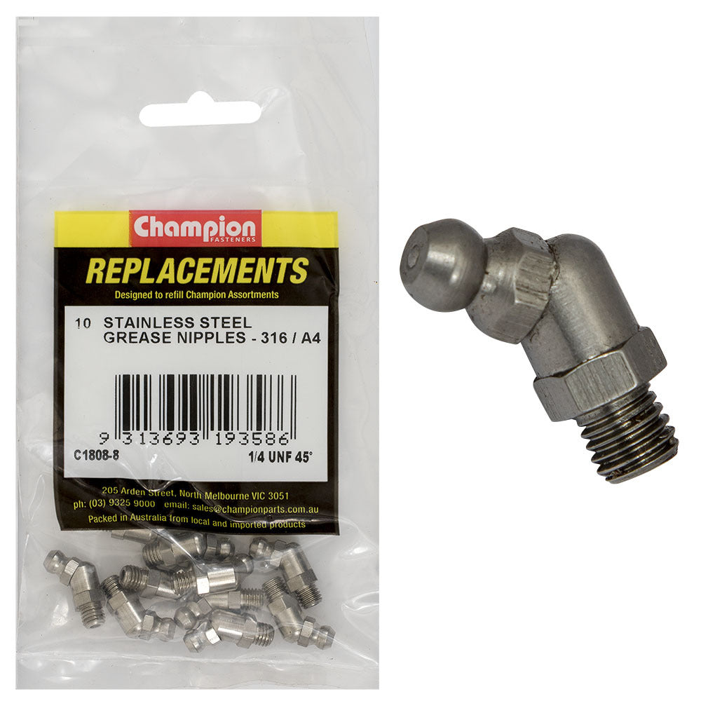 Champion C1808-8 Grease Nipple 1/4" UNF 45° Stainless -  10/Pack1