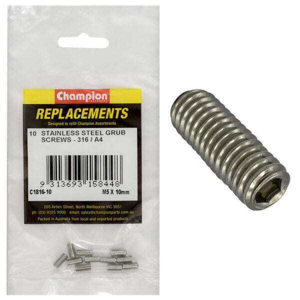 Champion C1816-10 M5 x 10mm Stainless Grub Screw - 10/Pack