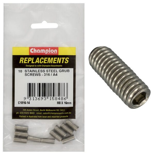 Champion C1816-14 M8 x 16mm Stainless Grub Screw - 10/Pack