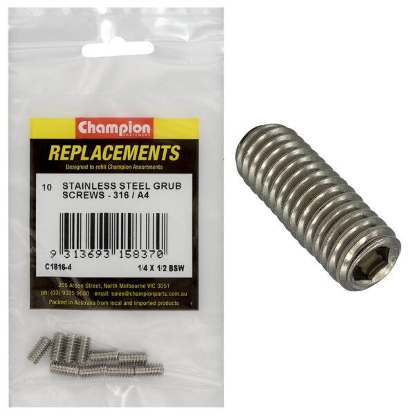 Champion C1816-4 1/4 x 1/2" BSW Stainless Grub Screw - 10/Pack