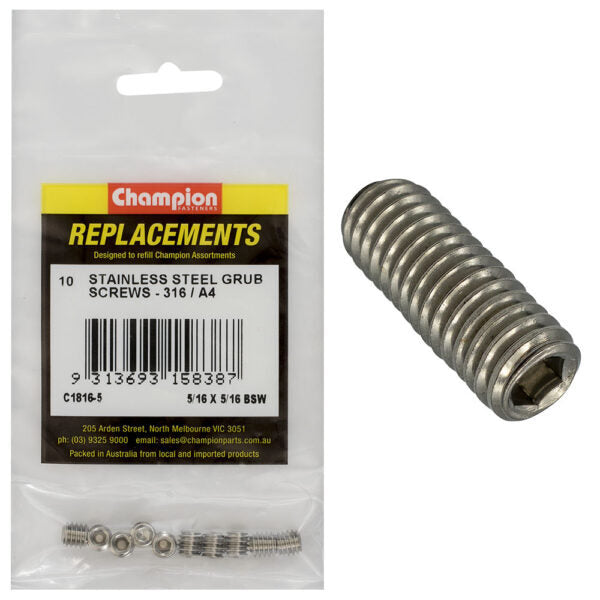 Champion C1816-5 5/16 x 5/16" BSW Stainless Grub Screw - 10/Pack