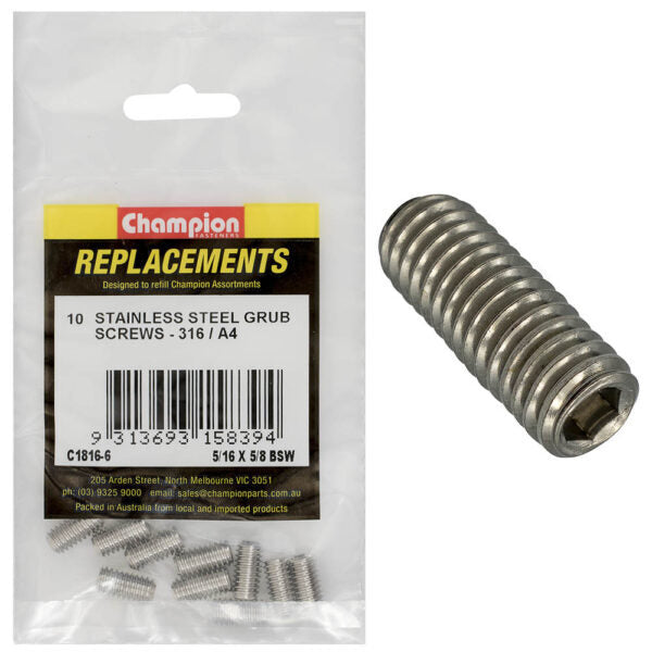 Champion C1816-6 5/16 x 5/8" BSW Stainless Grub Screw - 10/Pack