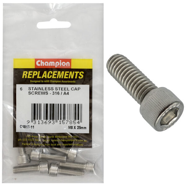 Champion C1817-11 M8 x 25mm Socket Head Cap Screw (316) - 6/Pack