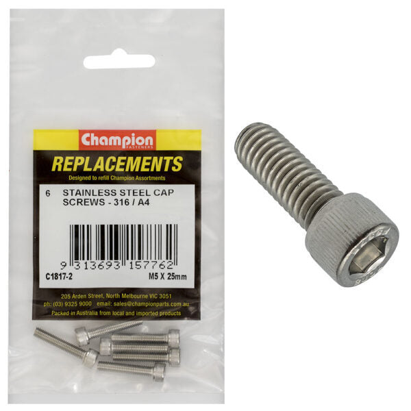 Champion C1817-2 M5 x 25mm Socket Head Cap Screw (316) - 6/Pack