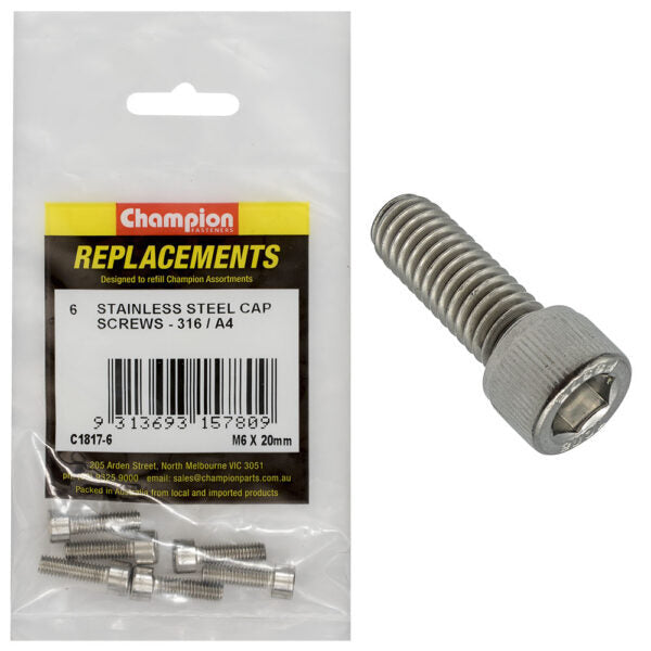 Champion C1817-6 M6 x 20mm Socket Head Cap Screw (316) - 6/Pack