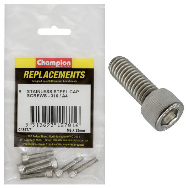 Champion C1817-7 M6 x 25mm Socket Head Cap Screw (316) - 6/Pack