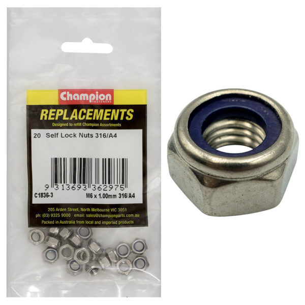 Champion C1836-3 Self Locking Hex Nut M6 x 1.00mm - 316/A4 - 20/Pack