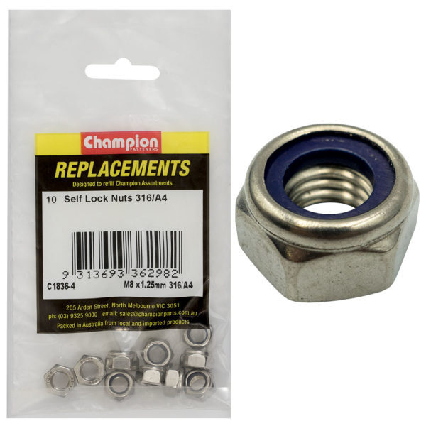 Champion C1836-4 Self Locking Hex Nut M8 x 1.25mm - 316/A4 - 10/Pack