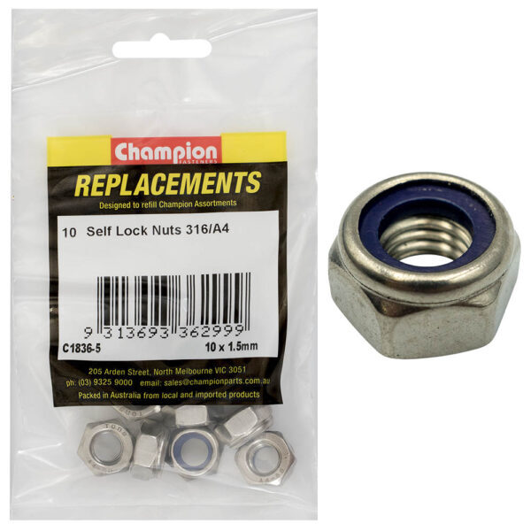 Champion C1836-5 Self Locking Hex Nut M10 x 1.5mm - 316/A4 - 10/Pack