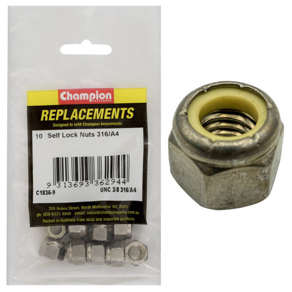 Champion C1836-9 Self Locking Hex Nut 3/8" UNC - 316/A4 - 10/Pack