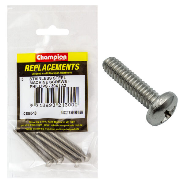 Champion C1860-10 Round Head Machine Screw 1/4 x 2" Stainless - 5/Pack
