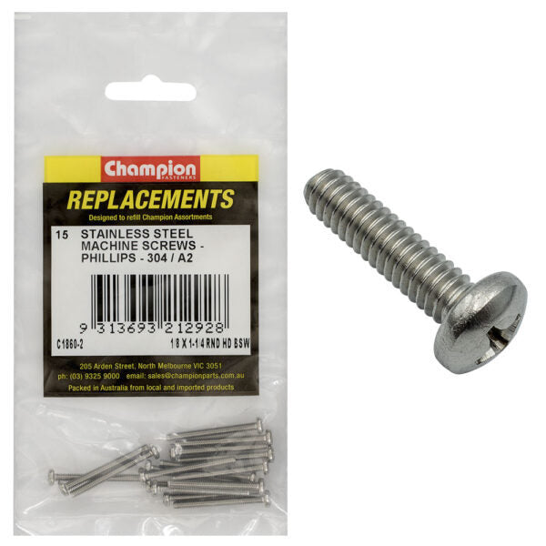 Champion C1860-2 Round Head Machine Screw 1/8 x 1-1/4" Stainless - 15/Pack