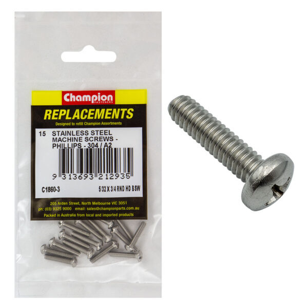 Champion C1860-3 Round Head Machine Screw 5/32 x 3/4" Stainless - 15/Pack