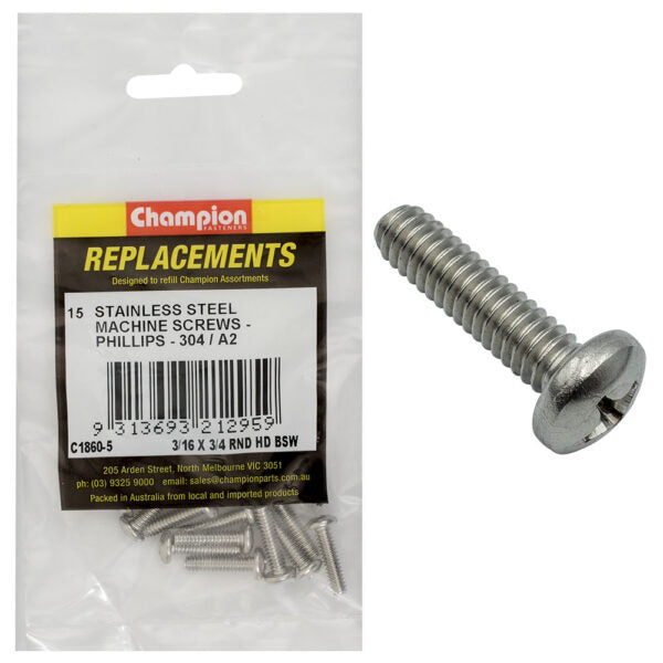 Champion C1860-5 Round Head Machine Screw 3/16 x 3/4" Stainless - 15/Pack