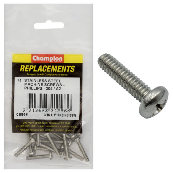 Champion C1860-6 Round Head Machine Screw 3/16 x 1" Stainless - 15/Pack