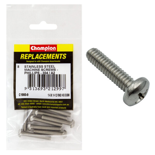 Champion C1860-9 Round Head Machine Screw 1/4 x 1-1/2" Stainless - 8/Pack