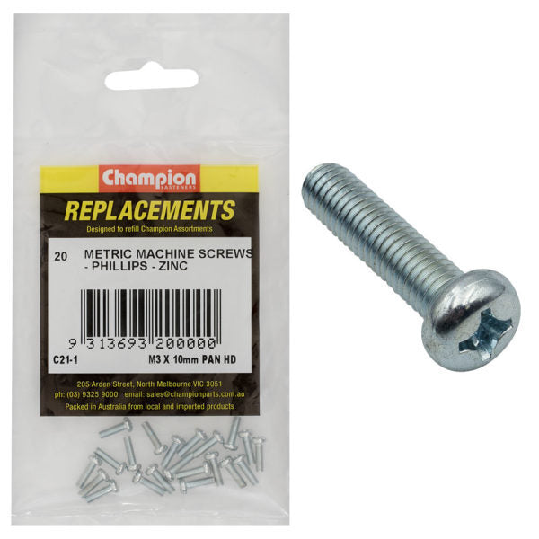 Champion C21-1 Machine Screw Pan Head Phillips M3 x 10mm Zinc - 20/Pack