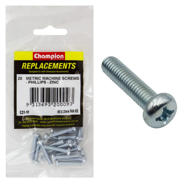 Champion C21-10 Machine Screw Pan Head Phillips M5 x 25mm Zinc - 20/Pack