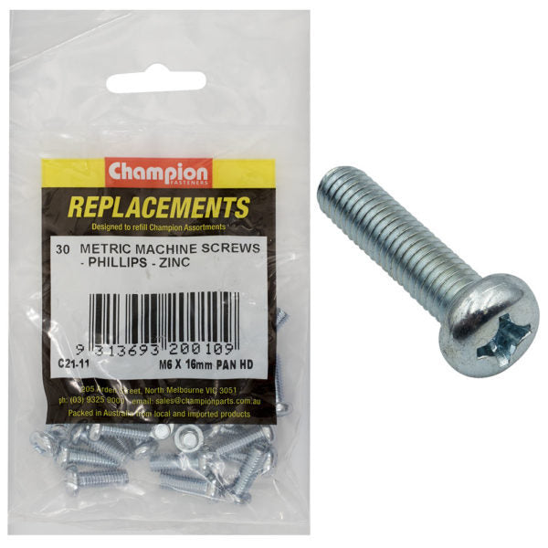 Champion C21-11 Machine Screw Pan Head Phillips M6 x 16mm Zinc - 30/Pack