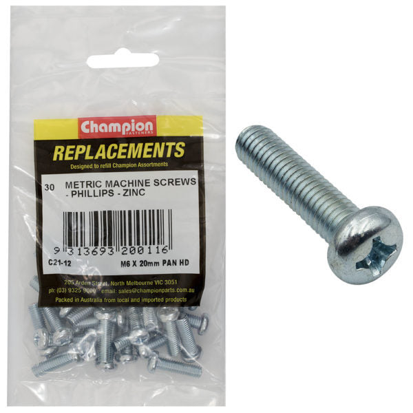 Champion C21-12 Machine Screw Pan Head Phillips M6 x 20mm Zinc - 30/Pack